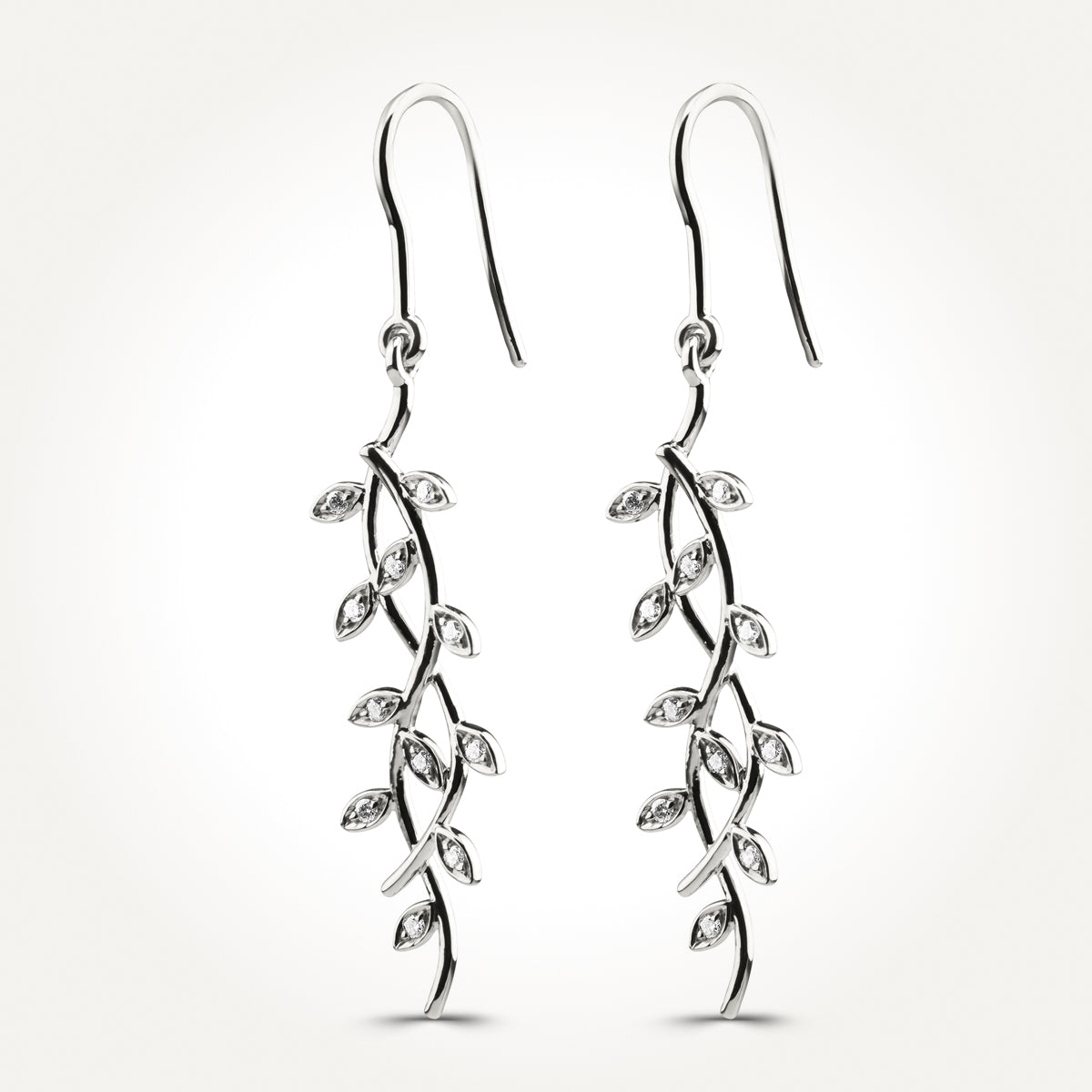14KT White Gold Olive Branch Drop Earrings 0.09 CT. T.W.
