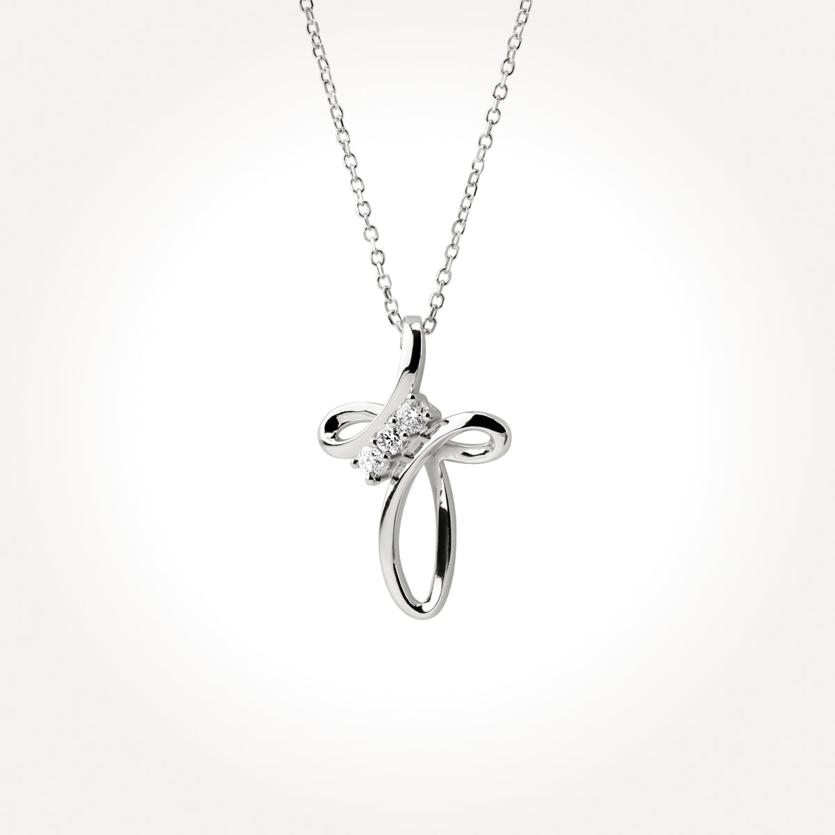 14KT White Gold Three Stone Cross Necklace