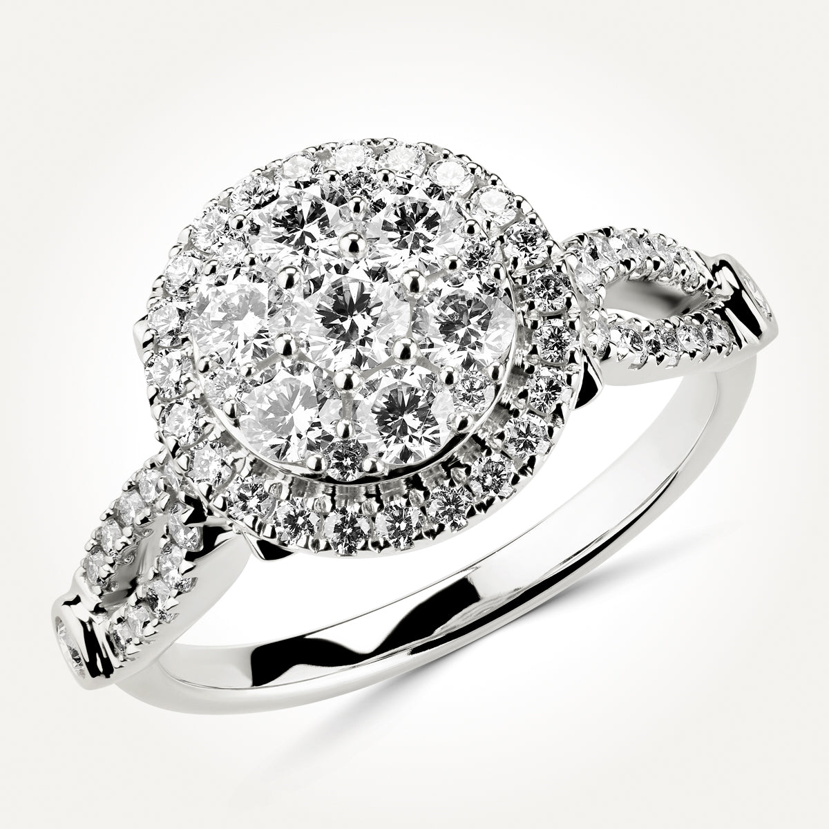 14KT White Gold Round Cluster Halo with Split Shank Ring