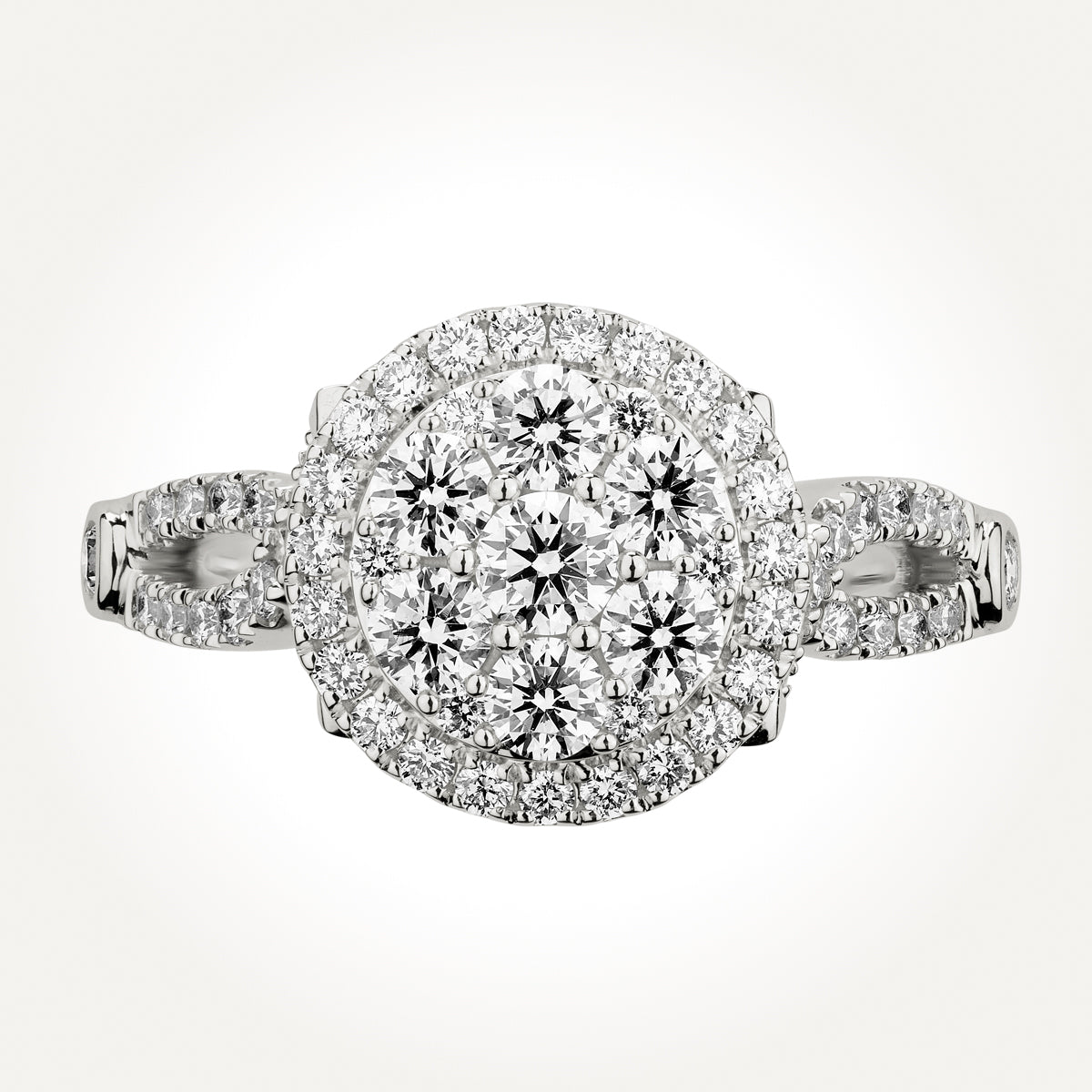 14KT White Gold Round Cluster Halo with Split Shank Ring
