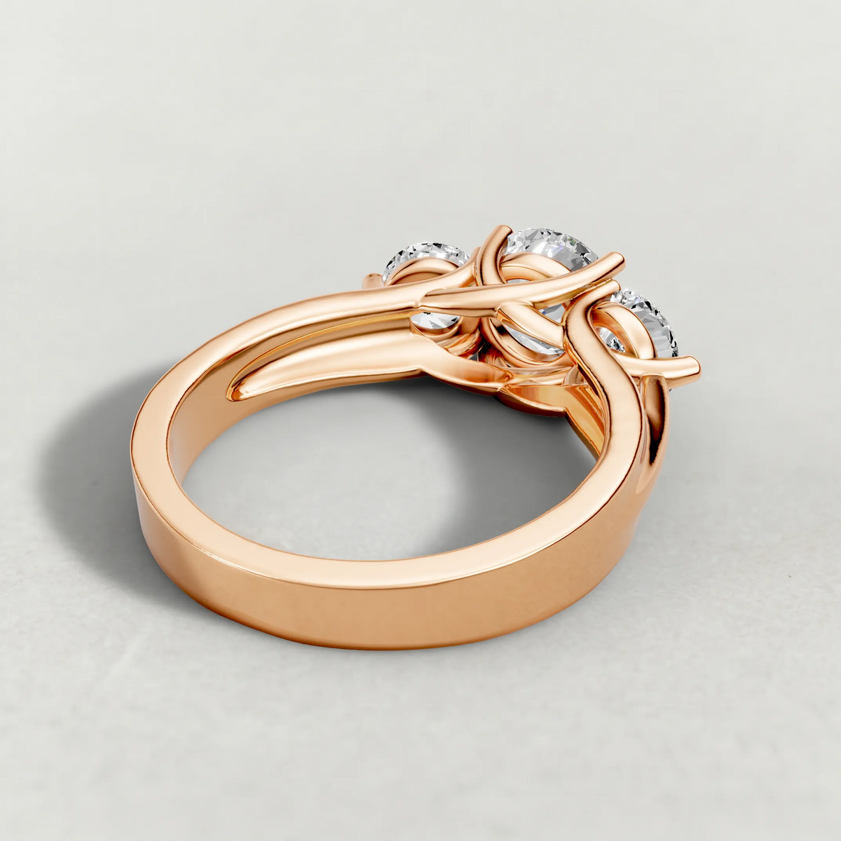 Sculpted Three-Stone Diamond Engagement Ring (3988) in Rose Gold from back angle