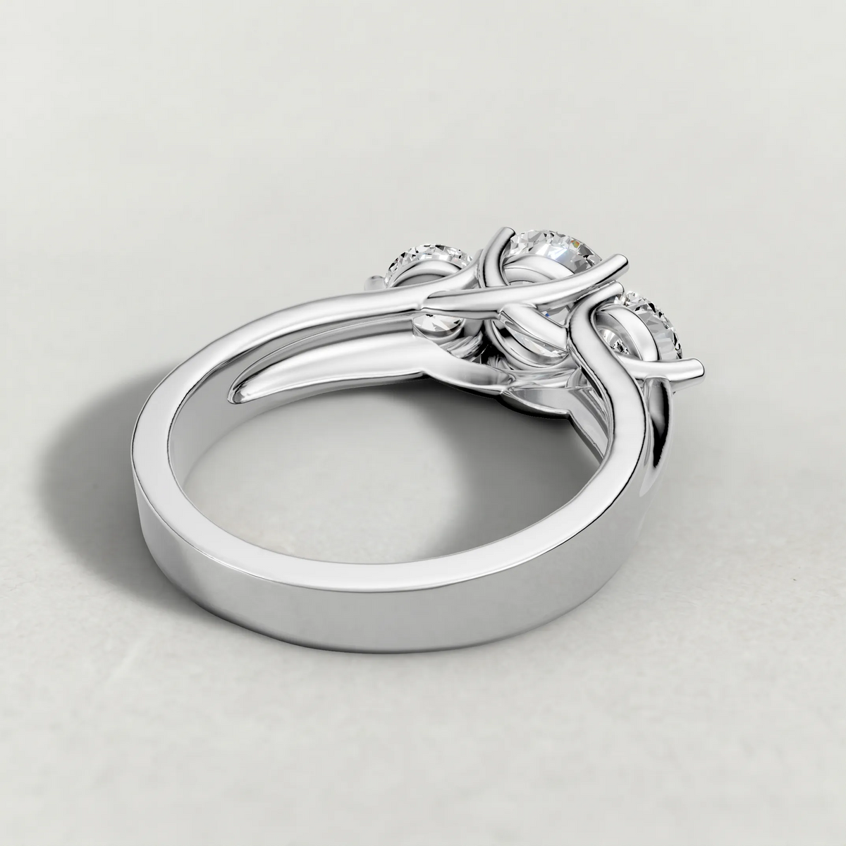 Sculpted Three-Stone Diamond Engagement Ring (3988) in White Gold from back angle