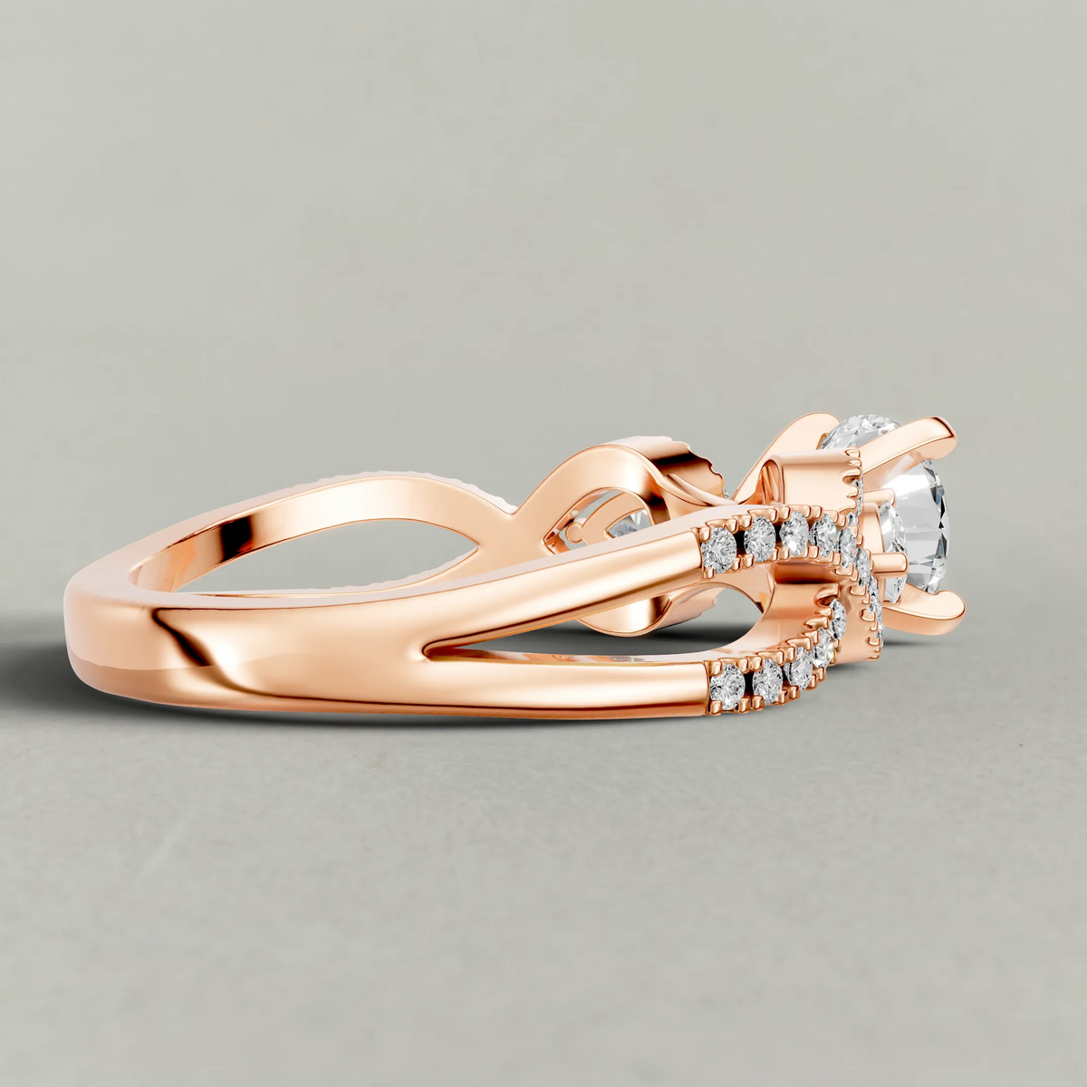 Three-Stone Pavé Twist Engagement Ring (70667) in Rose Gold from back angle