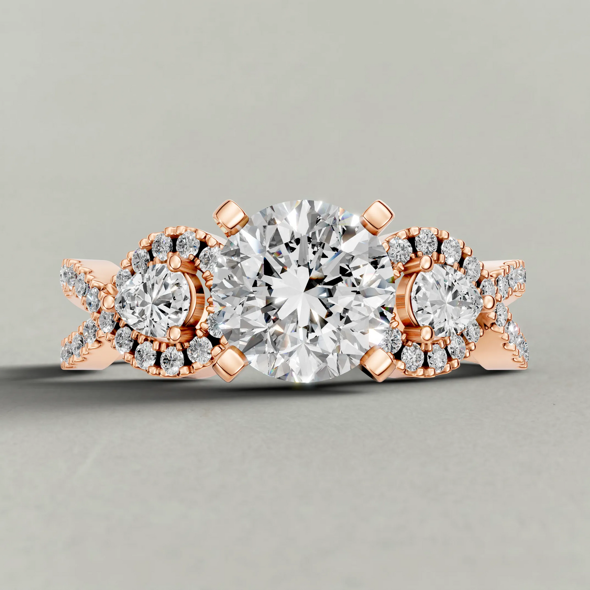 Three-Stone Pavé Twist Engagement Ring (70667) in Rose Gold zoomed in on diamond