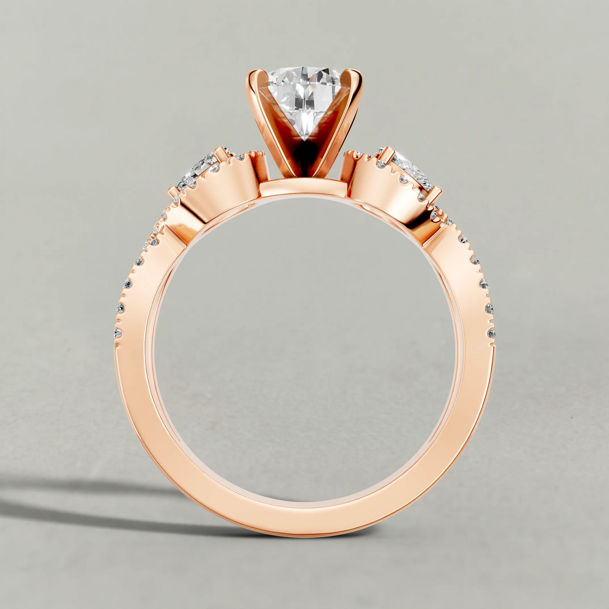 Three-Stone Pavé Twist Engagement Ring (70667) in Rose Gold from front angle
