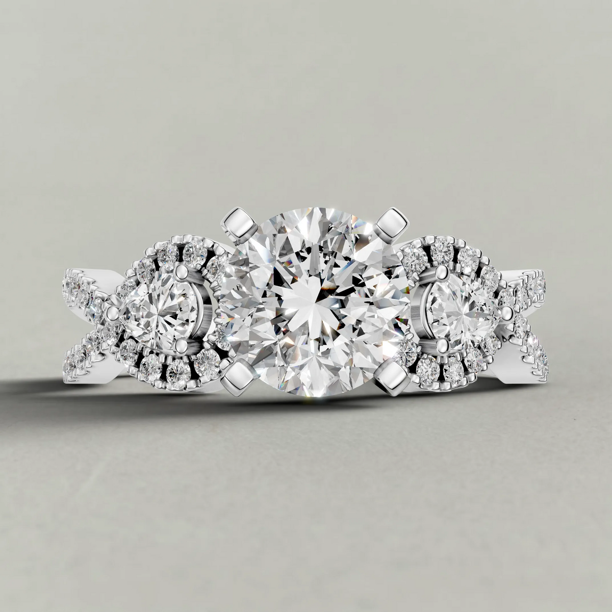 Three-Stone Pavé Twist Engagement Ring (70667) in White Gold zoomed in on diamond