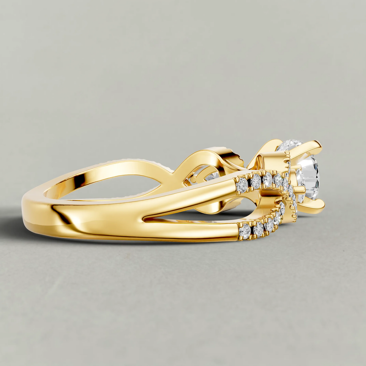 Three-Stone Pavé Twist Engagement Ring (70667) in Yellow Gold from back angle