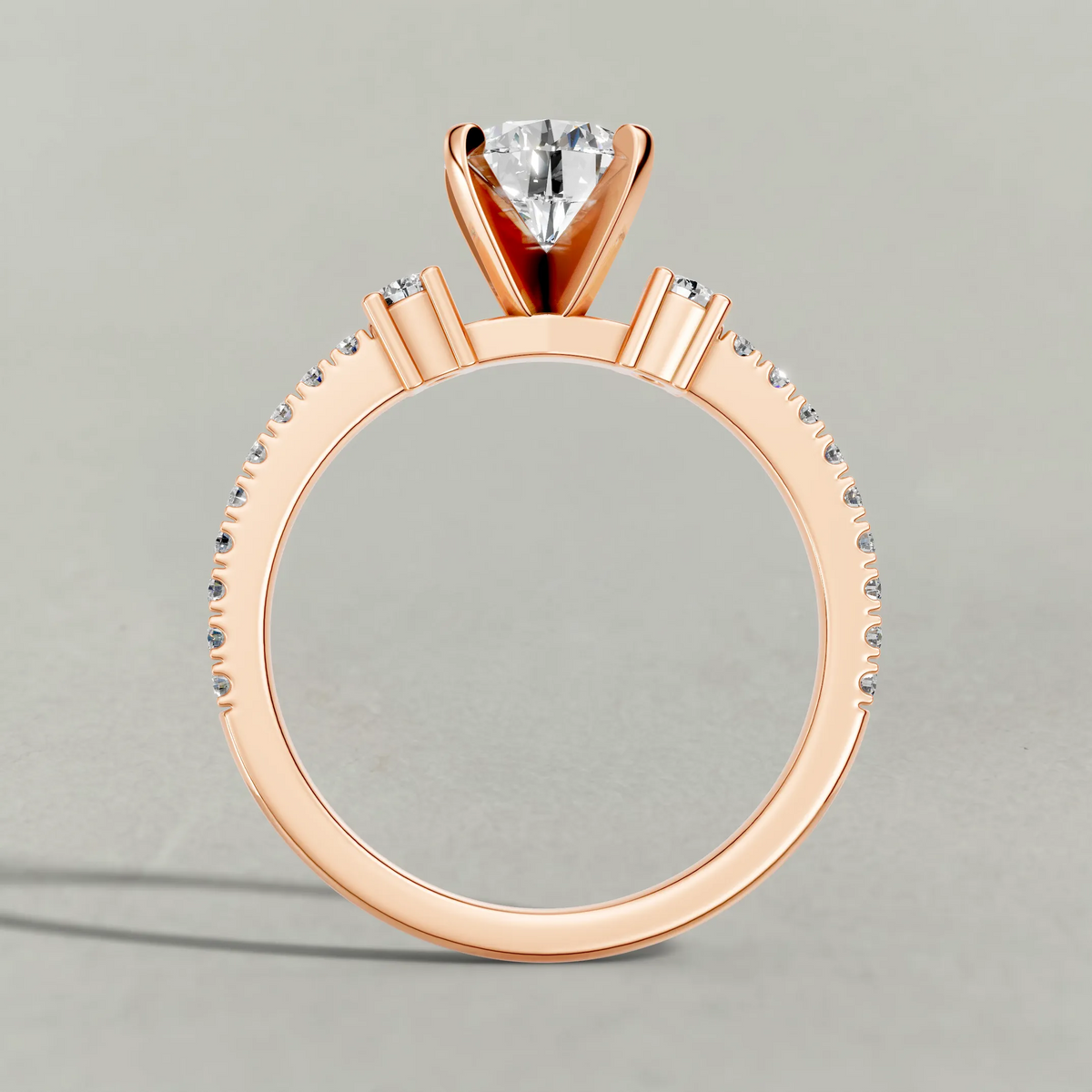Three-Stone Pavé Engagement Ring (70857) in Rose Gold from front angle