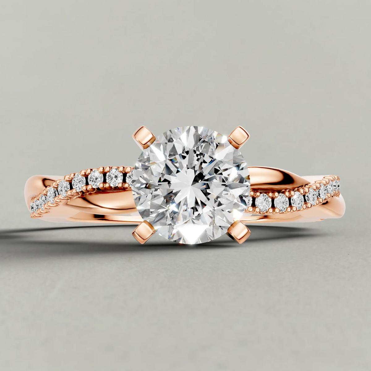 Pavé Twist Engagement Ring (70864) in Rose Gold zoomed in on diamond