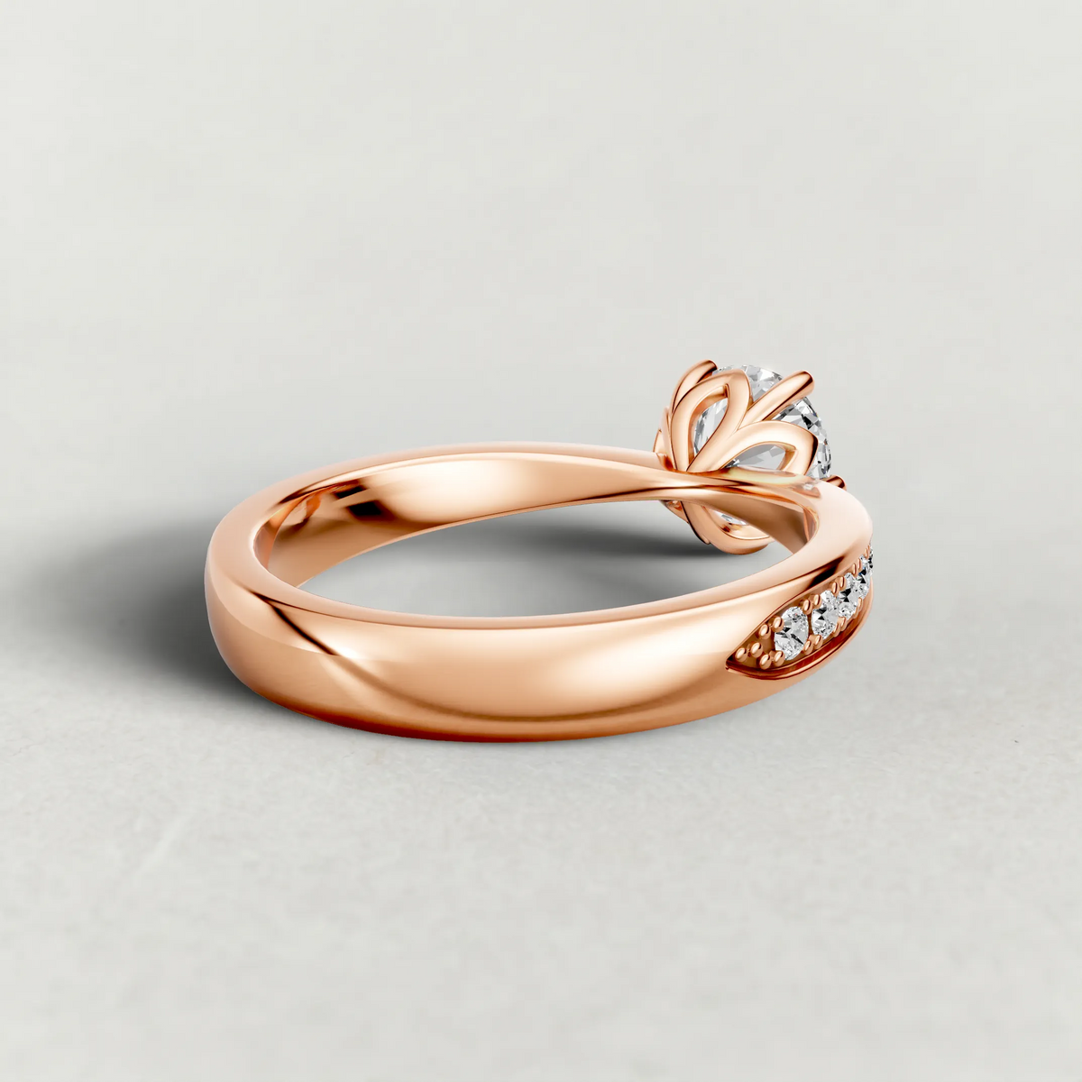 Delicate Pavé Shoulder Solitaire Engagement Ring (70887) in Rose Gold from back angle