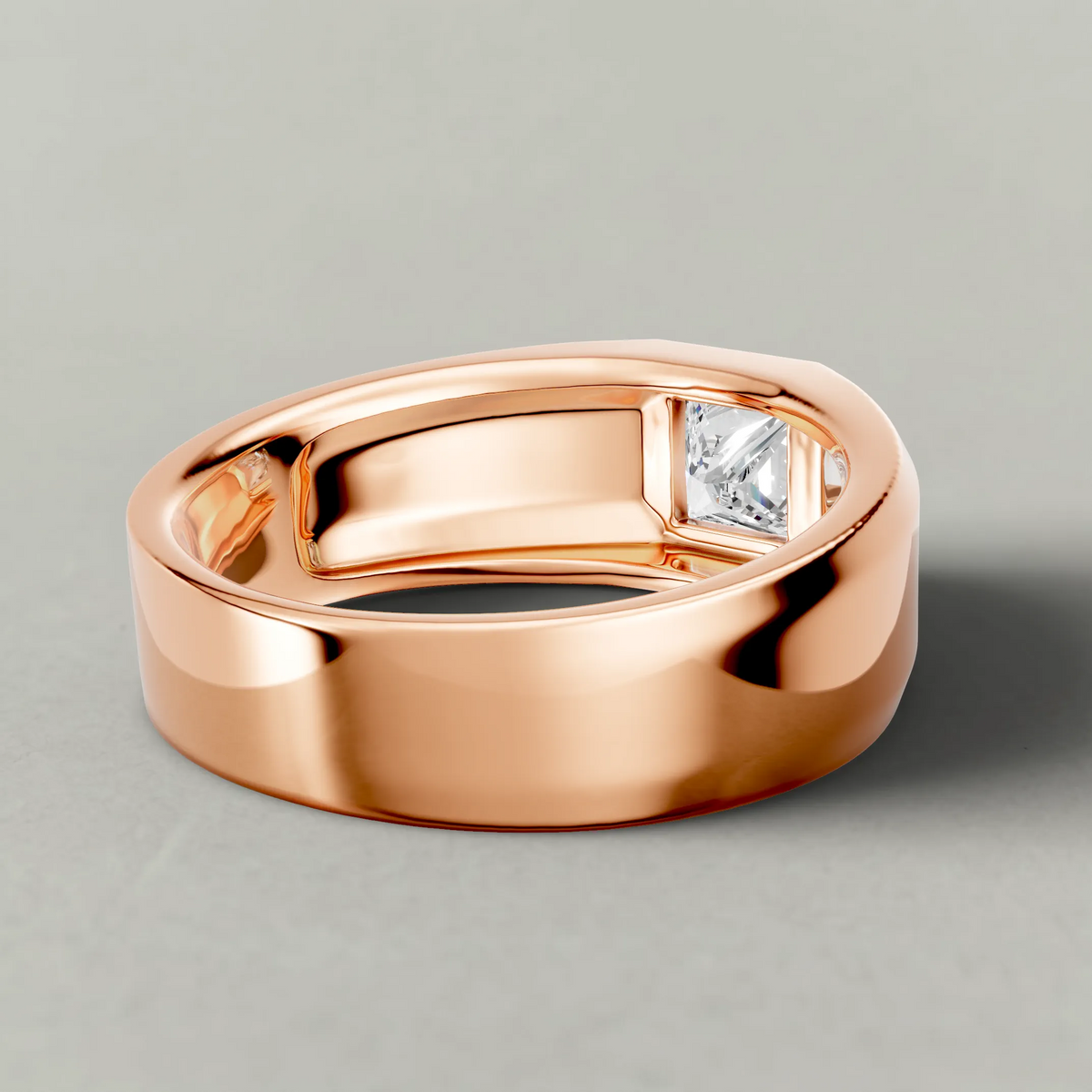 Flush-Set Wide Band Engagement Ring (71536) in Rose Gold from back angle