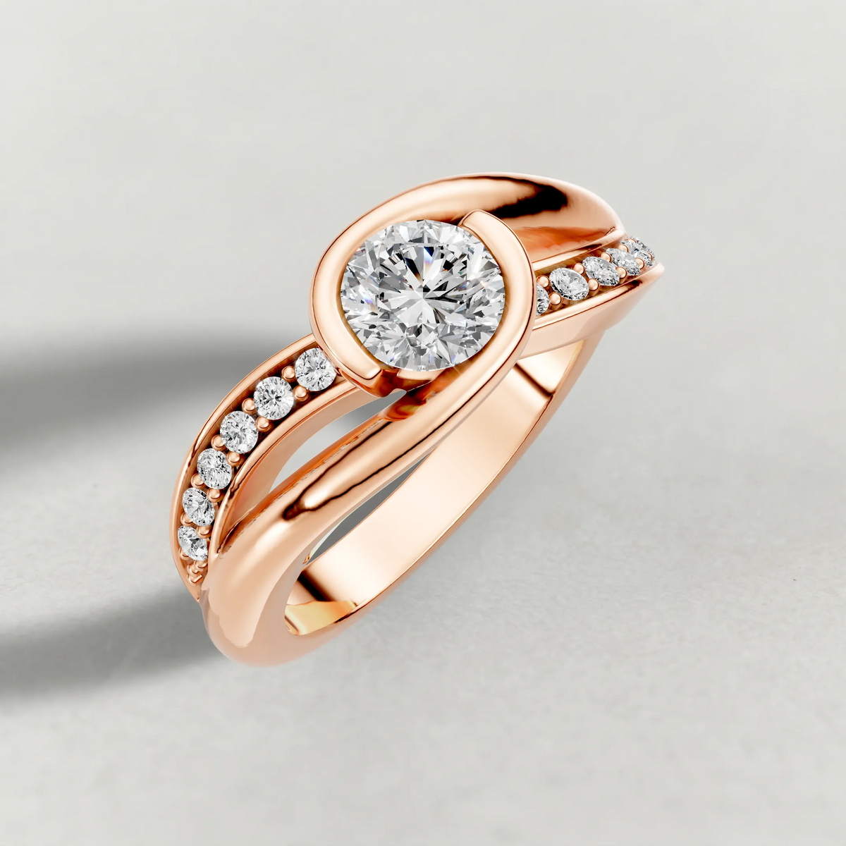 Half-Bezel Twist Engagement Ring (7544) in Rose Gold from top 3/4 angle