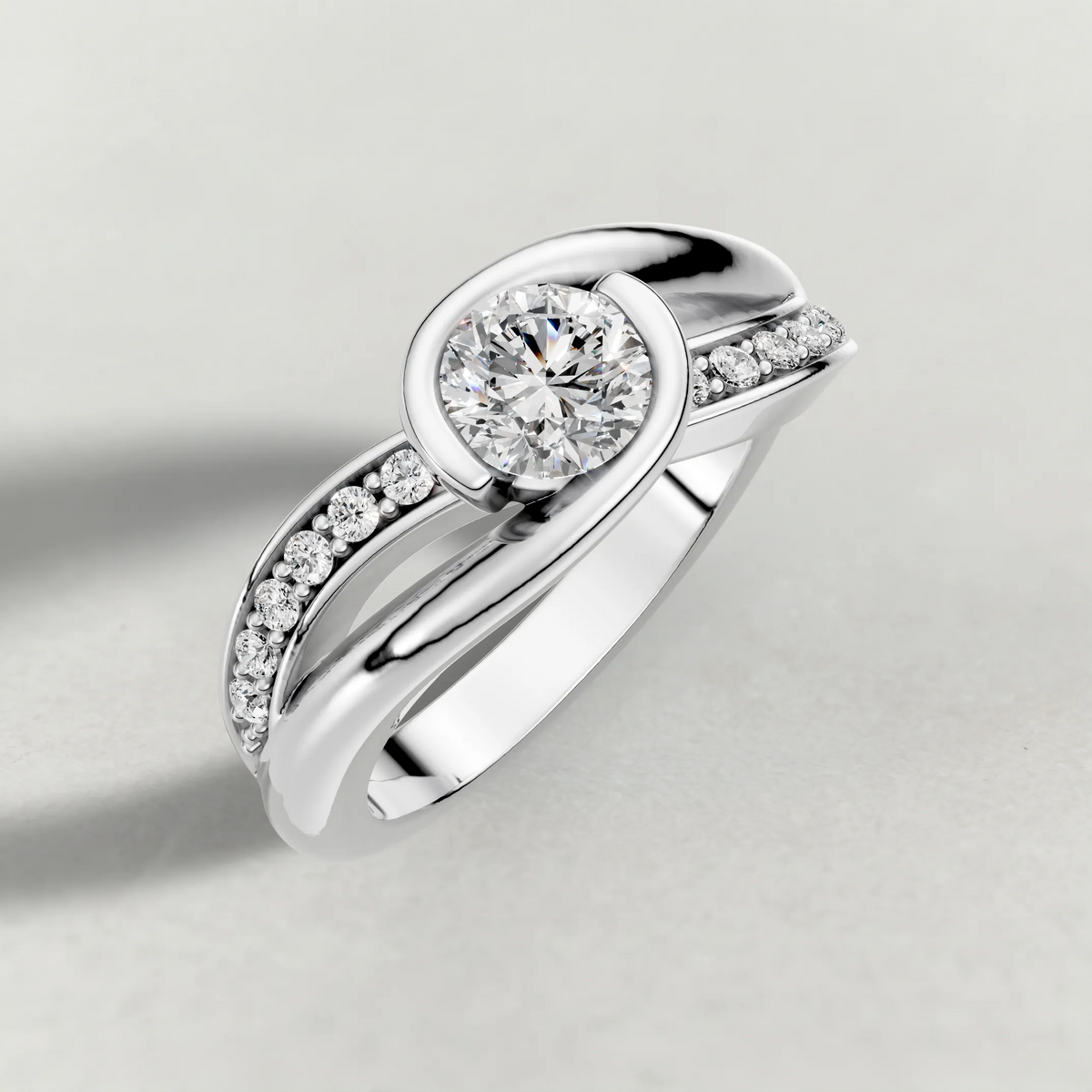 Half-Bezel Twist Engagement Ring (7544) in White Gold from top 3/4 angle