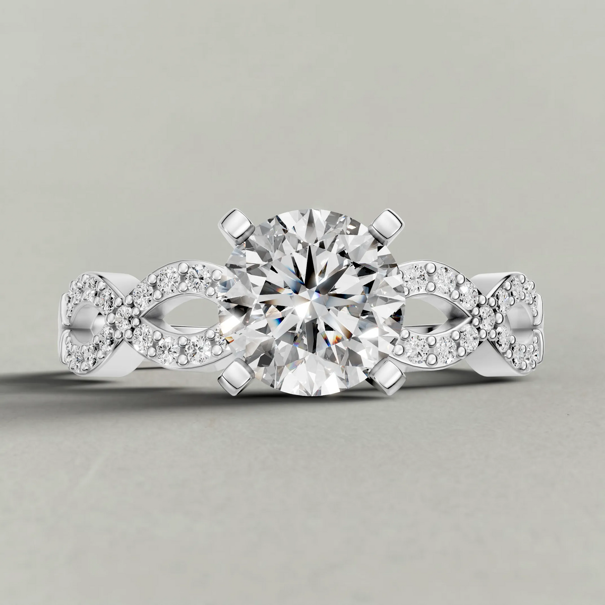 Twisted Pavé Shoulder Engagement Ring (9496) in White Gold zoomed in on diamond