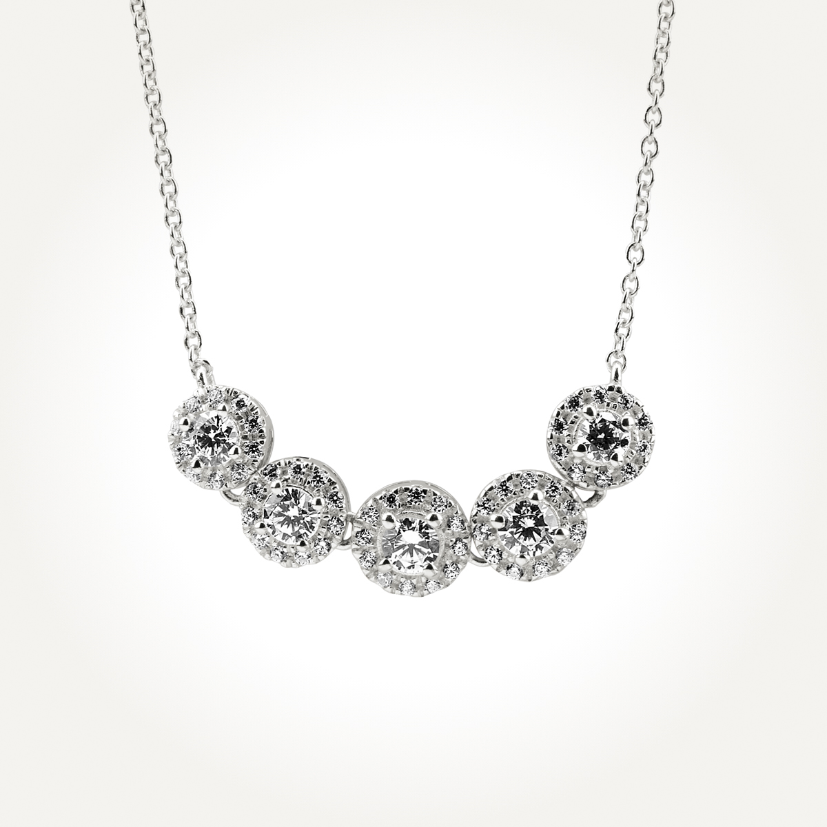 14KT White Gold Five Stone Halo Necklace