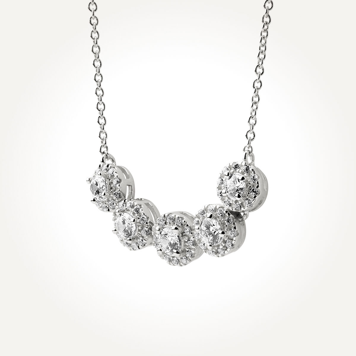 14KT White Gold Five Stone Halo Necklace