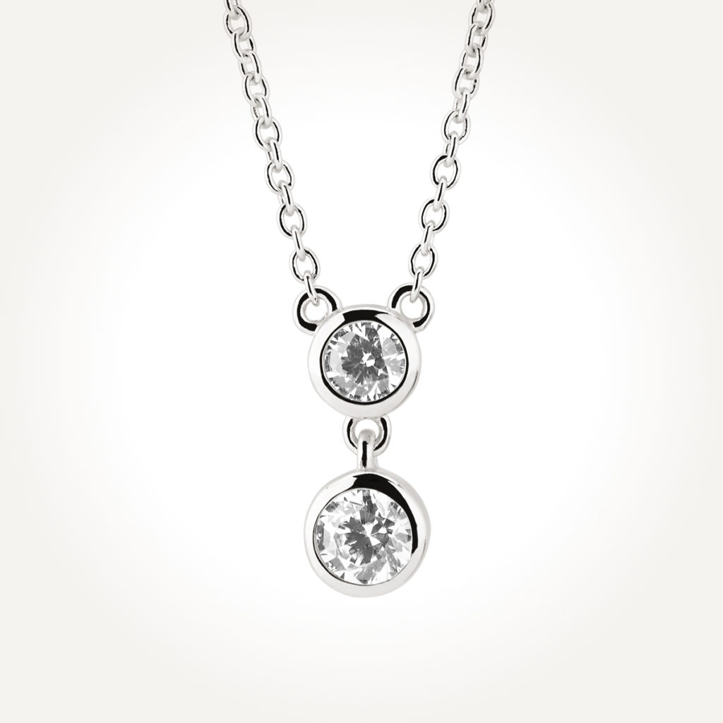 14KT White Gold Two Stone Bezel Drop Necklace