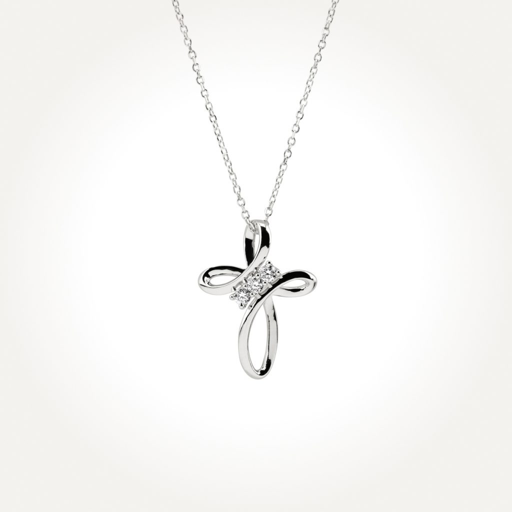 14KT White Gold Three Stone Cross Necklace