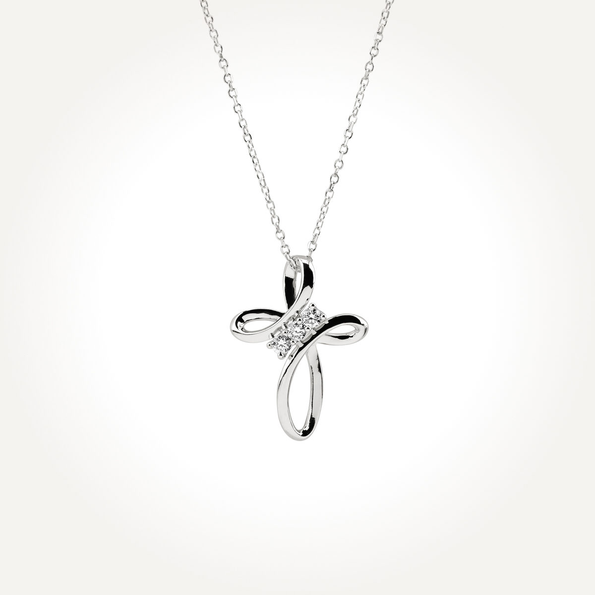 14KT White Gold Three Stone Cross Necklace