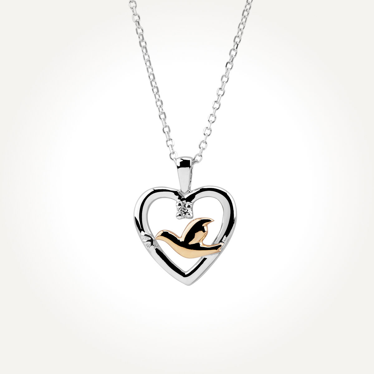 14KT Two Toned Dove Heart Necklace 0.014 CT. T.W.