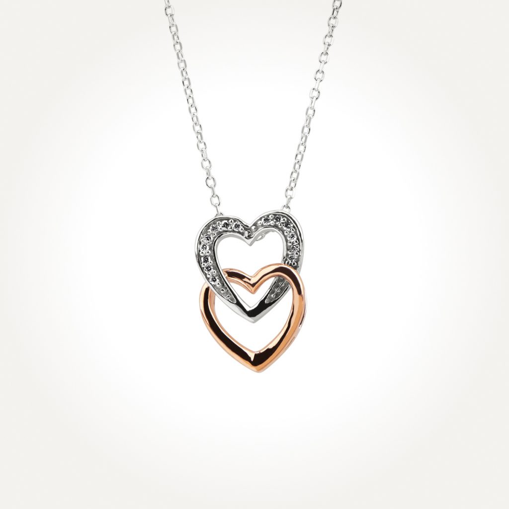 14KT Two Toned Double Heart Pendant 0.02 CT. T.W.