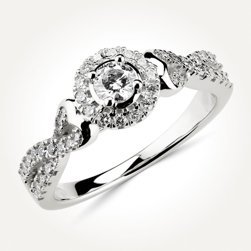 14KT White Gold Twist Band Oval Cluster Halo Ring