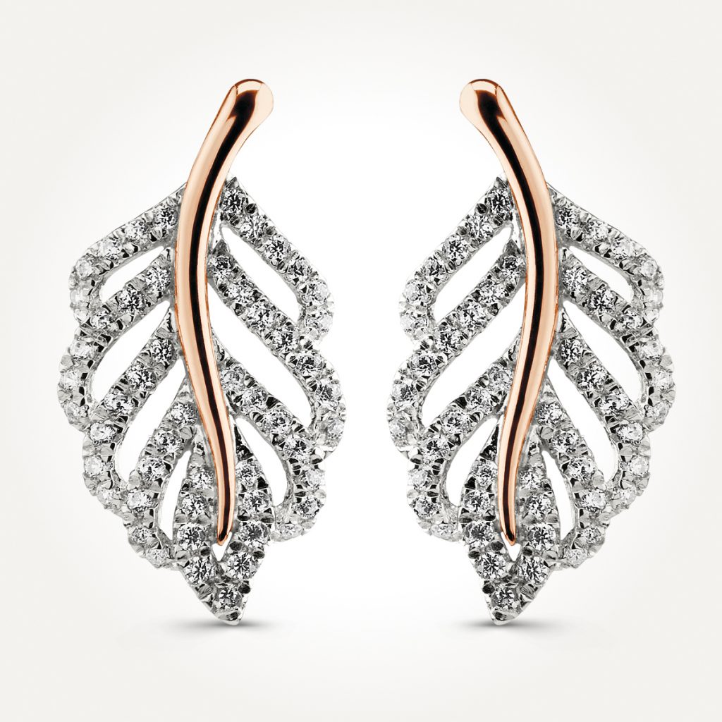 14KT Two Toned Feather Earrings 0.52 CT. T.W.