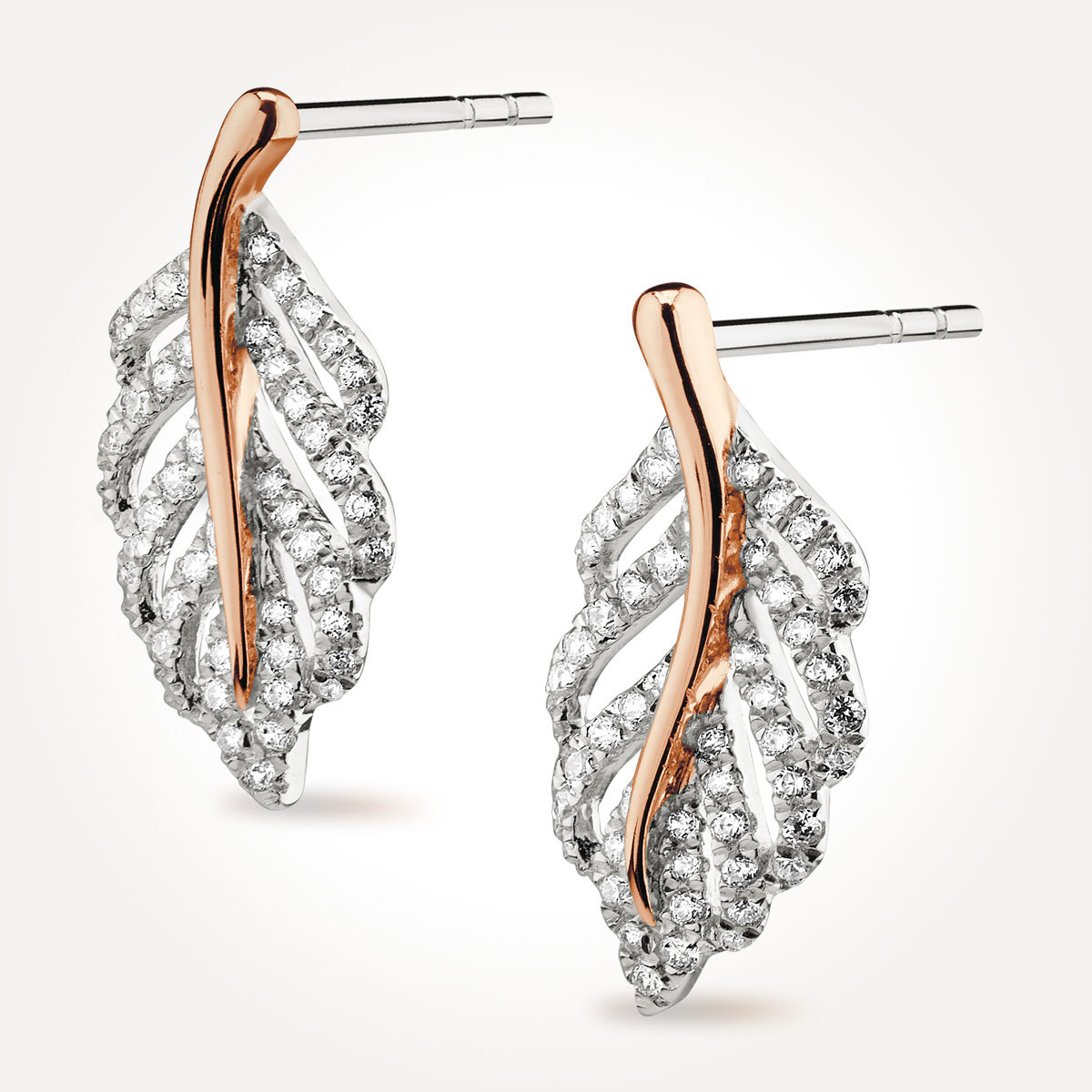 14KT Two Toned Feather Earrings 0.52 CT. T.W.