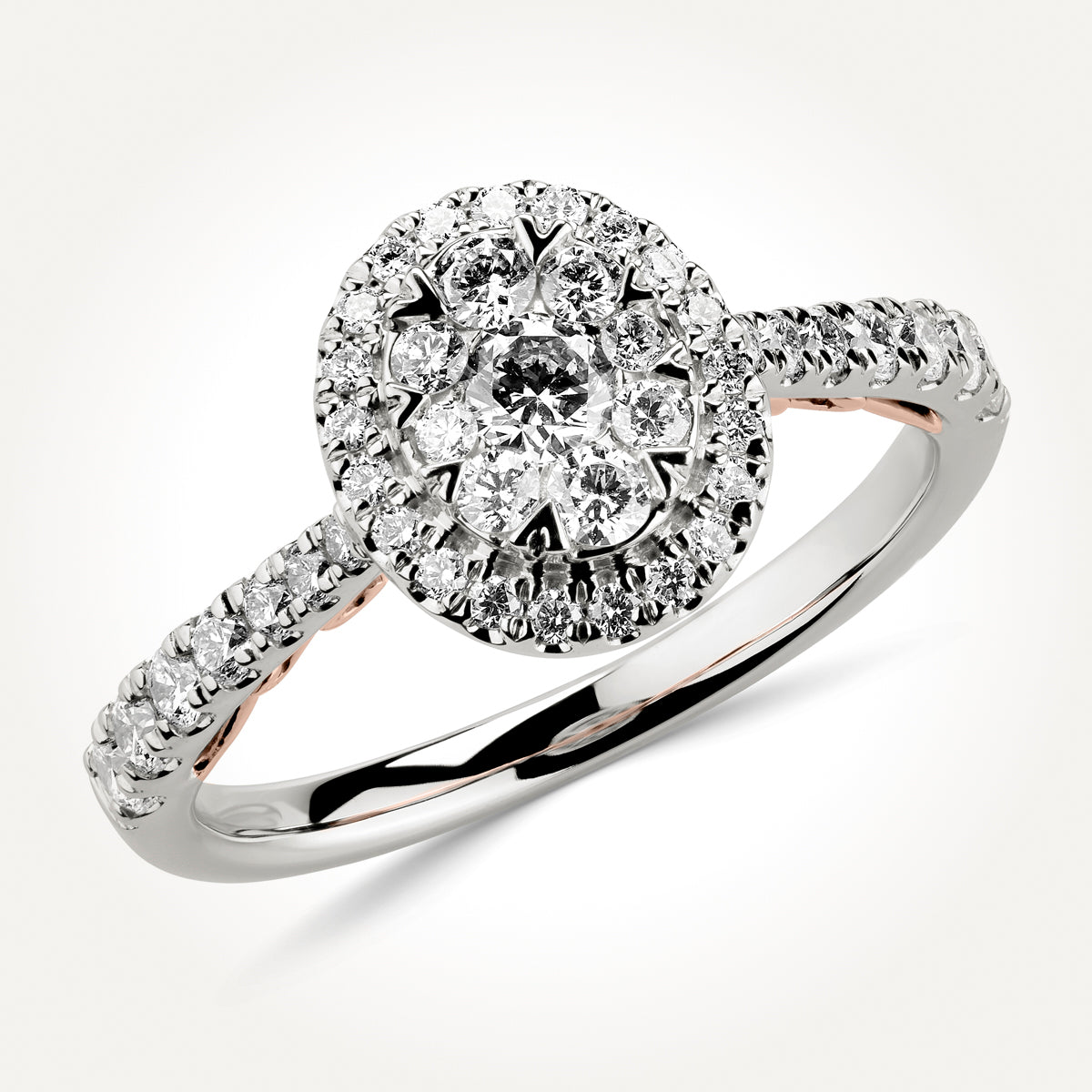 14KT Two Toned Round Cluster Halo Ring 