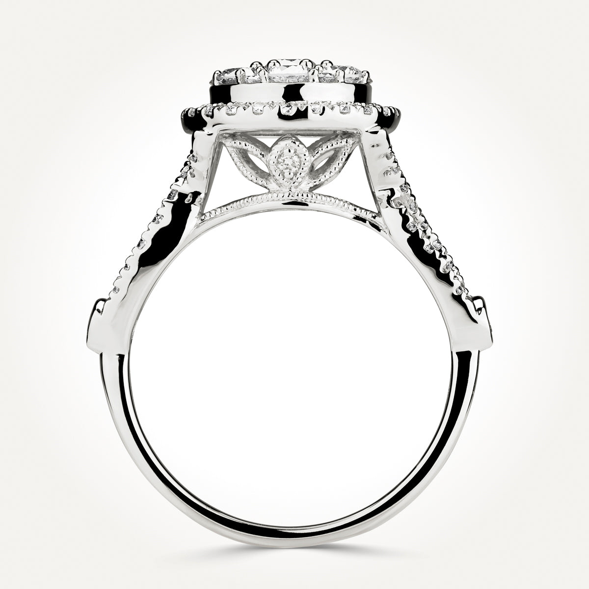 14KT White Gold Round Cluster Halo with Split Shank Ring 