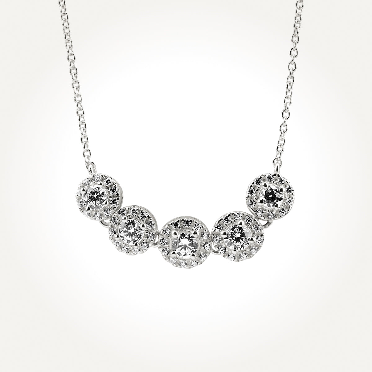 14KT White Gold Five Stone Halo Necklace 