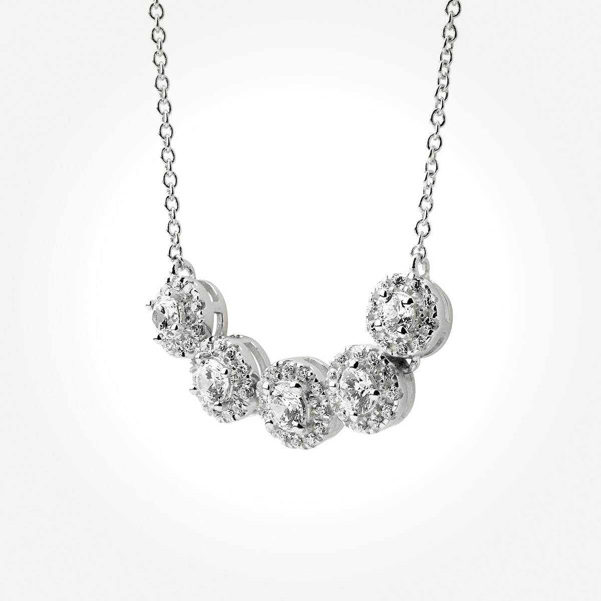 14KT White Gold Five Stone Halo Necklace 