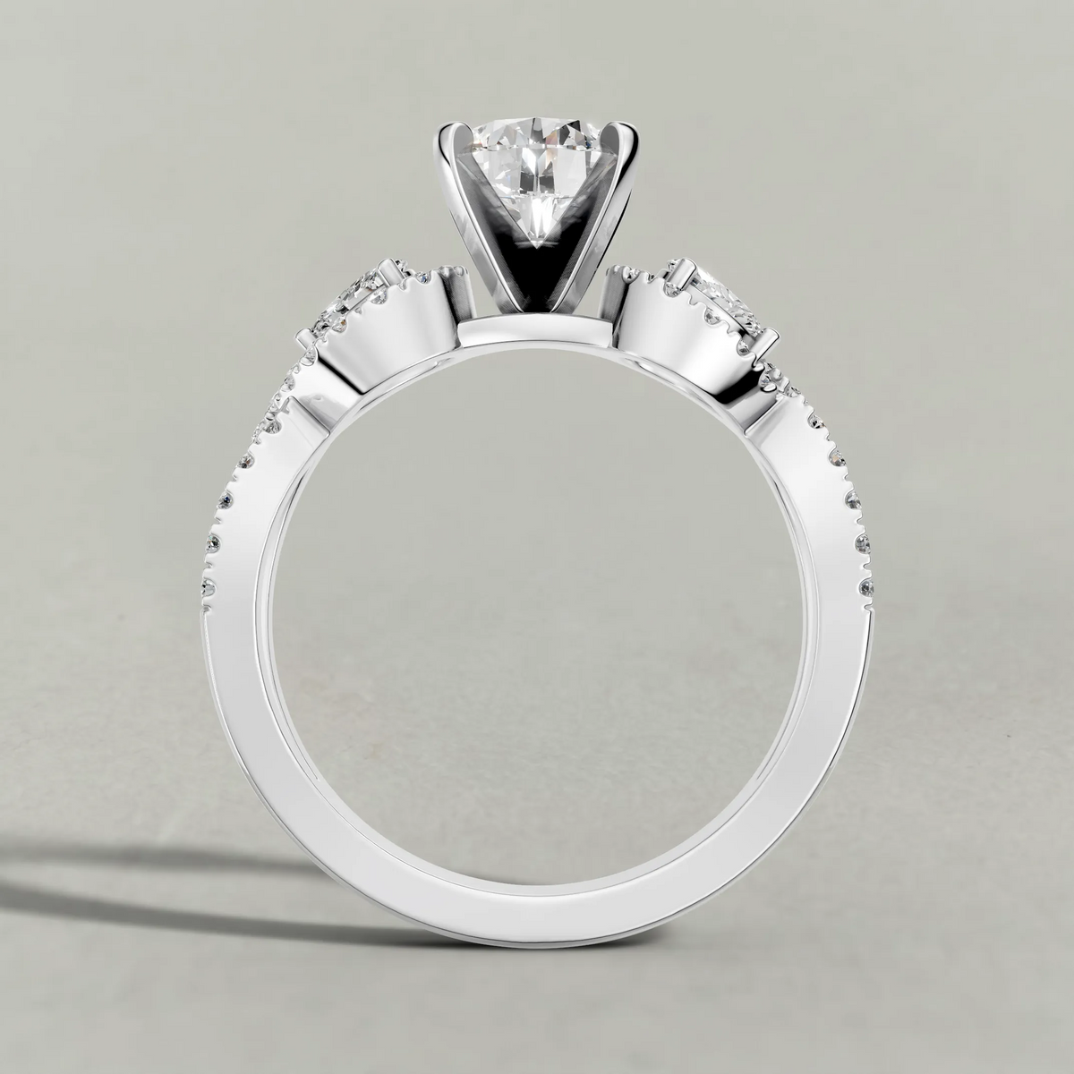 Three-Stone Pavé Twist Engagement Ring (70667) in White Gold from front angle