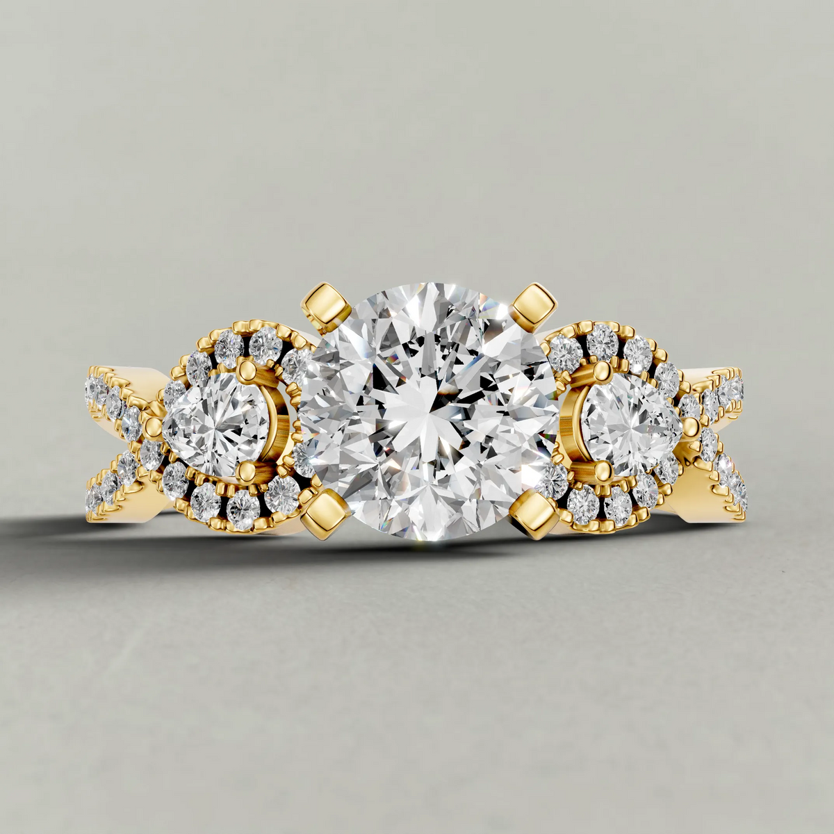 Three-Stone Pavé Twist Engagement Ring (70667) in Yellow Gold zoomed in on diamond