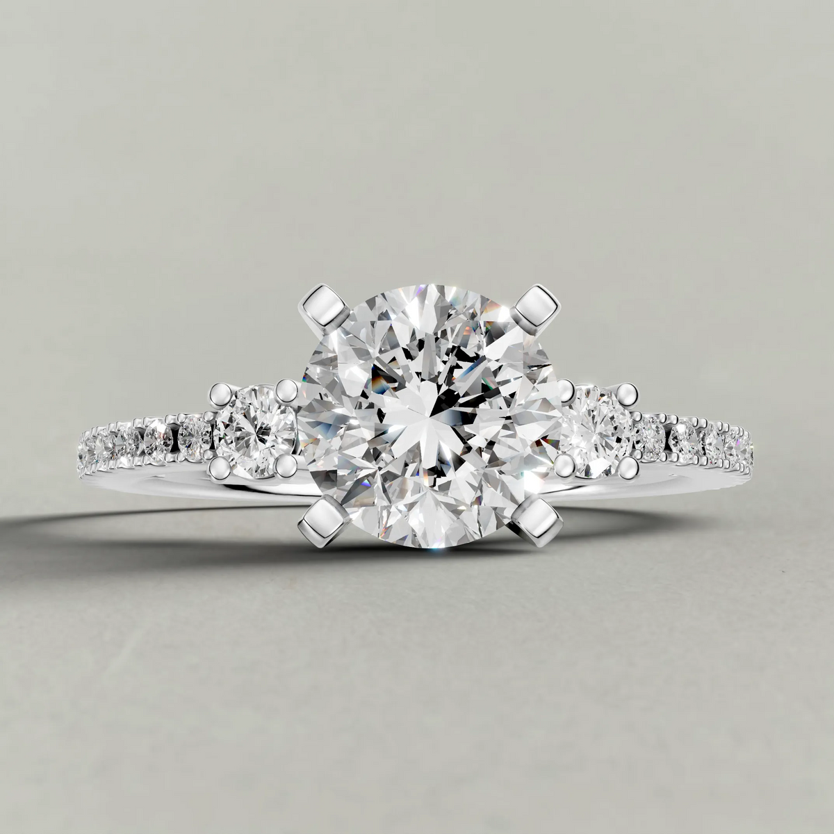 Three-Stone Pavé Engagement Ring (70857) in Platinum zoomed in on diamond