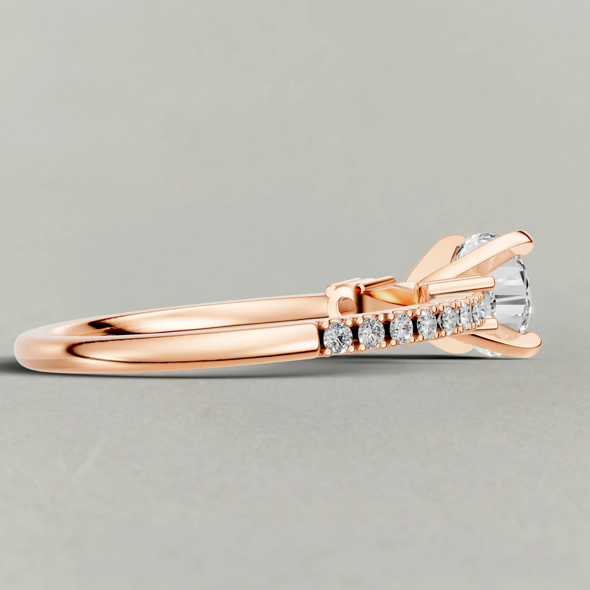 Three-Stone Pavé Engagement Ring (70857) in Rose Gold from back angle