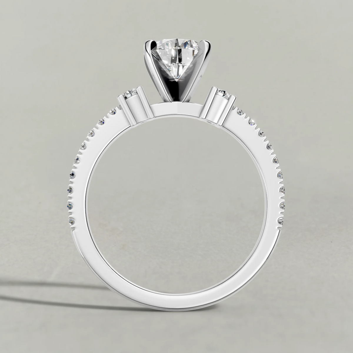 Three-Stone Pavé Engagement Ring (70857) in White Gold from front angle