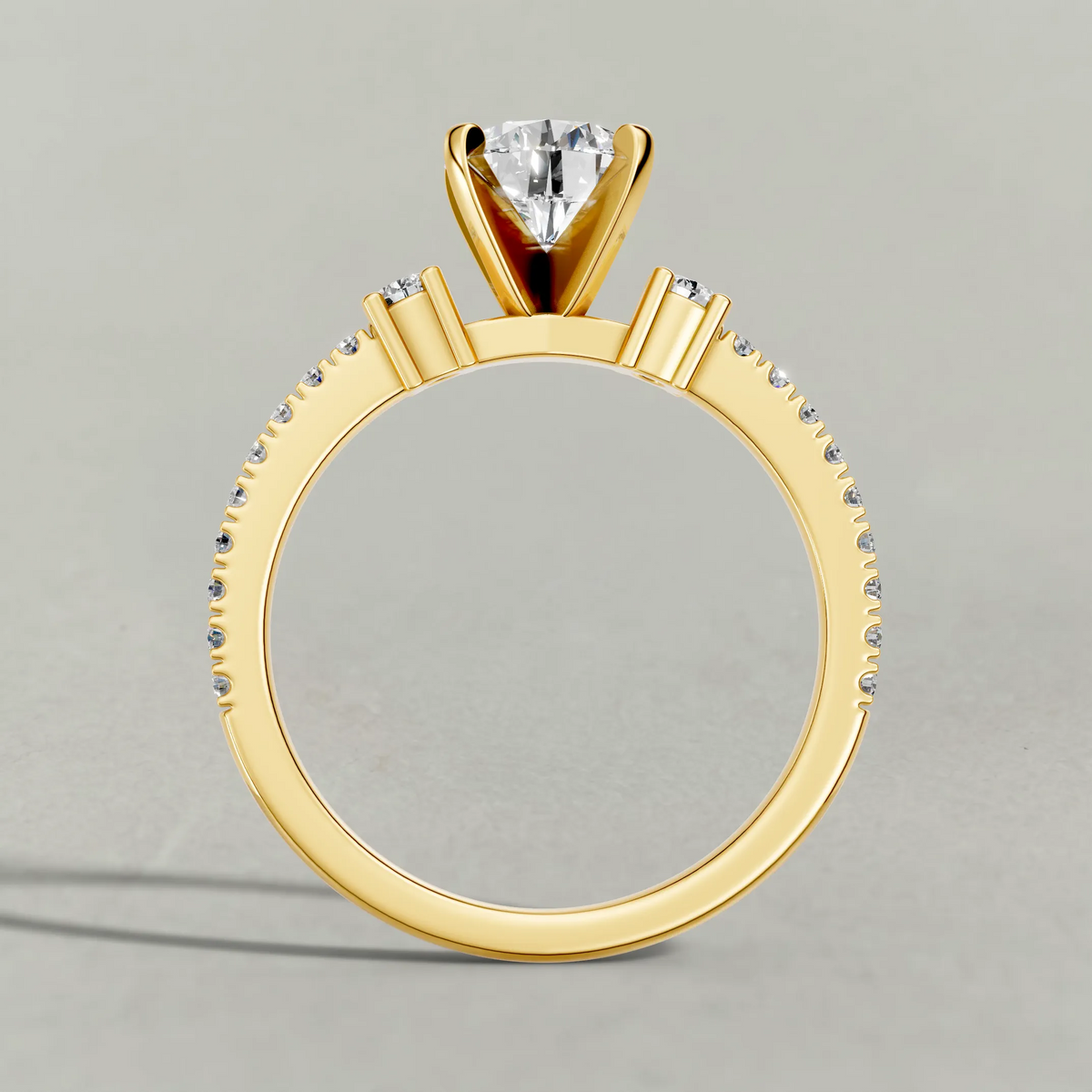 Three-Stone Pavé Engagement Ring (70857) in Yellow Gold from front angle