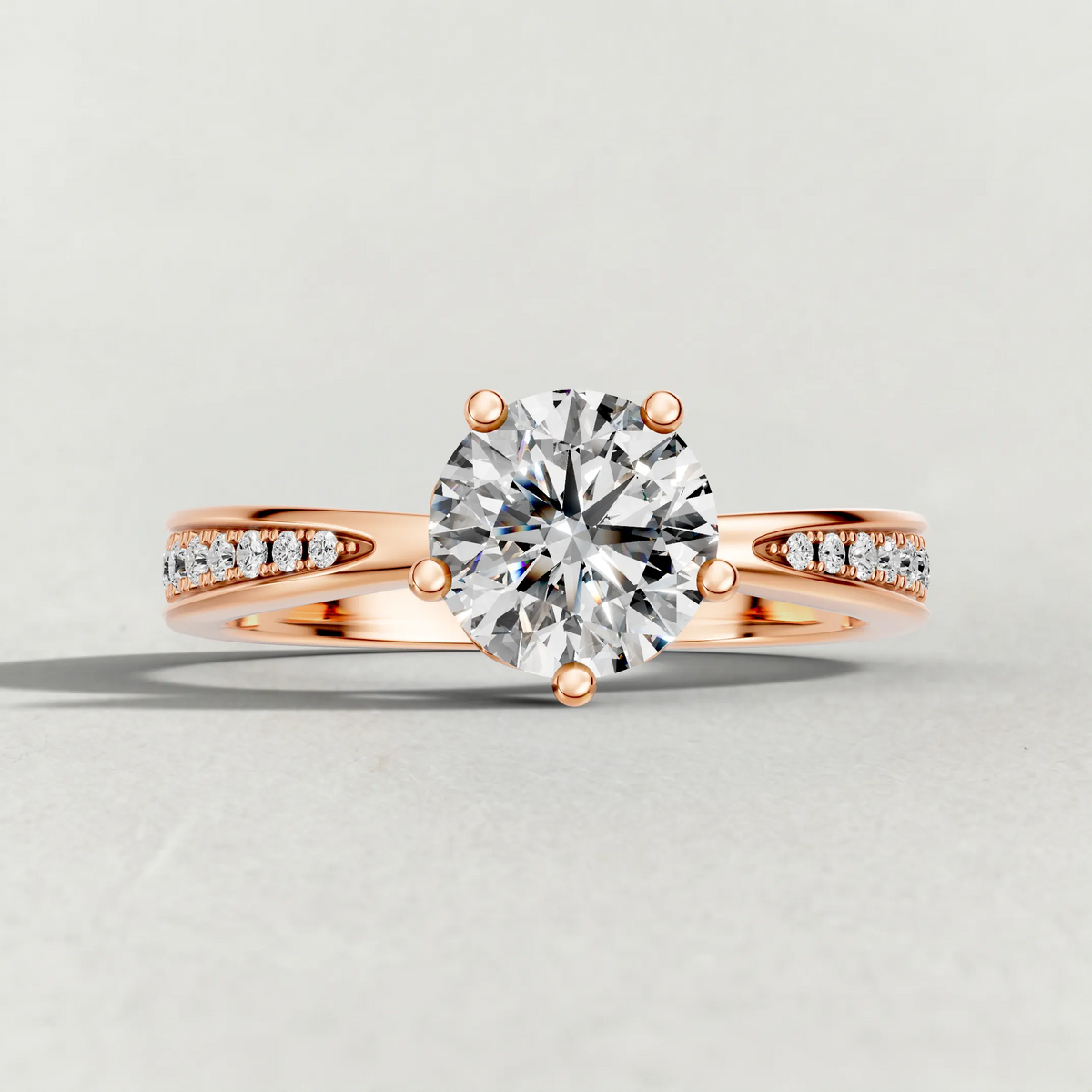 Delicate Pavé Shoulder Solitaire Engagement Ring (70887) in Rose Gold zoomed in on diamond