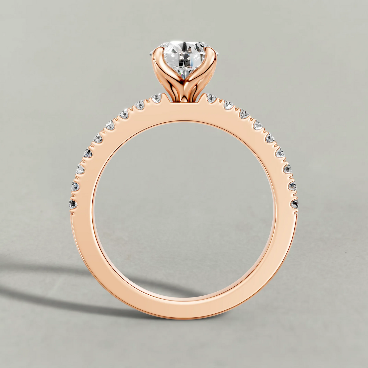 Cathedral Pavé Shoulder Engagement Ring (71116) in Rose Gold from front angle