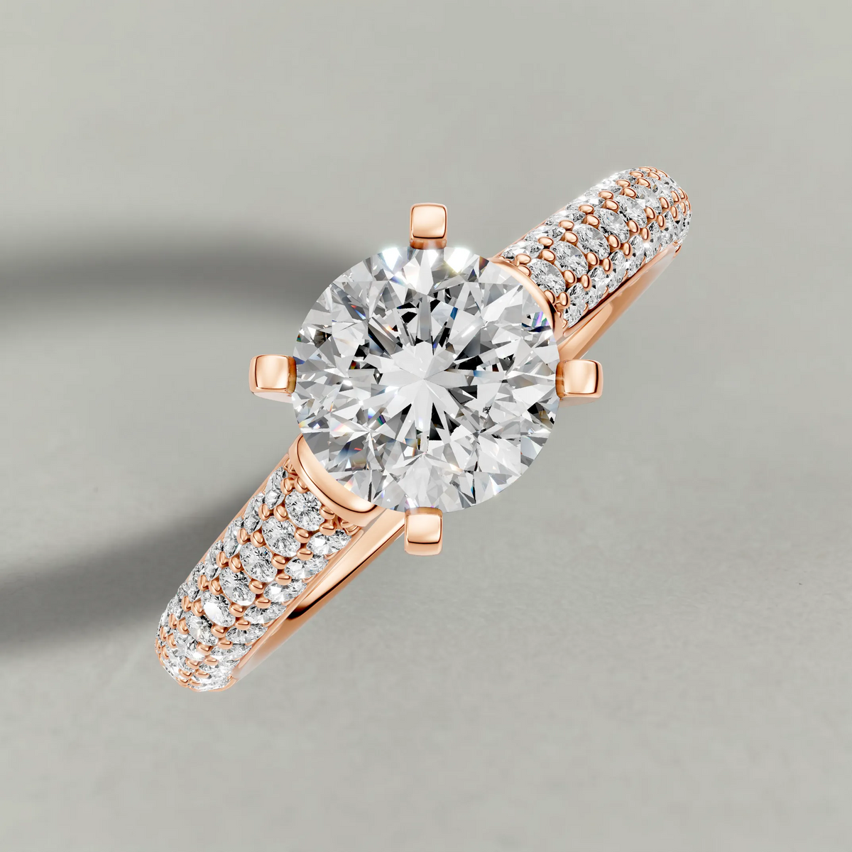 Double-Row Pavé Shoulder Engagement Ring (71425) in Rose Gold from top 3/4 angle
