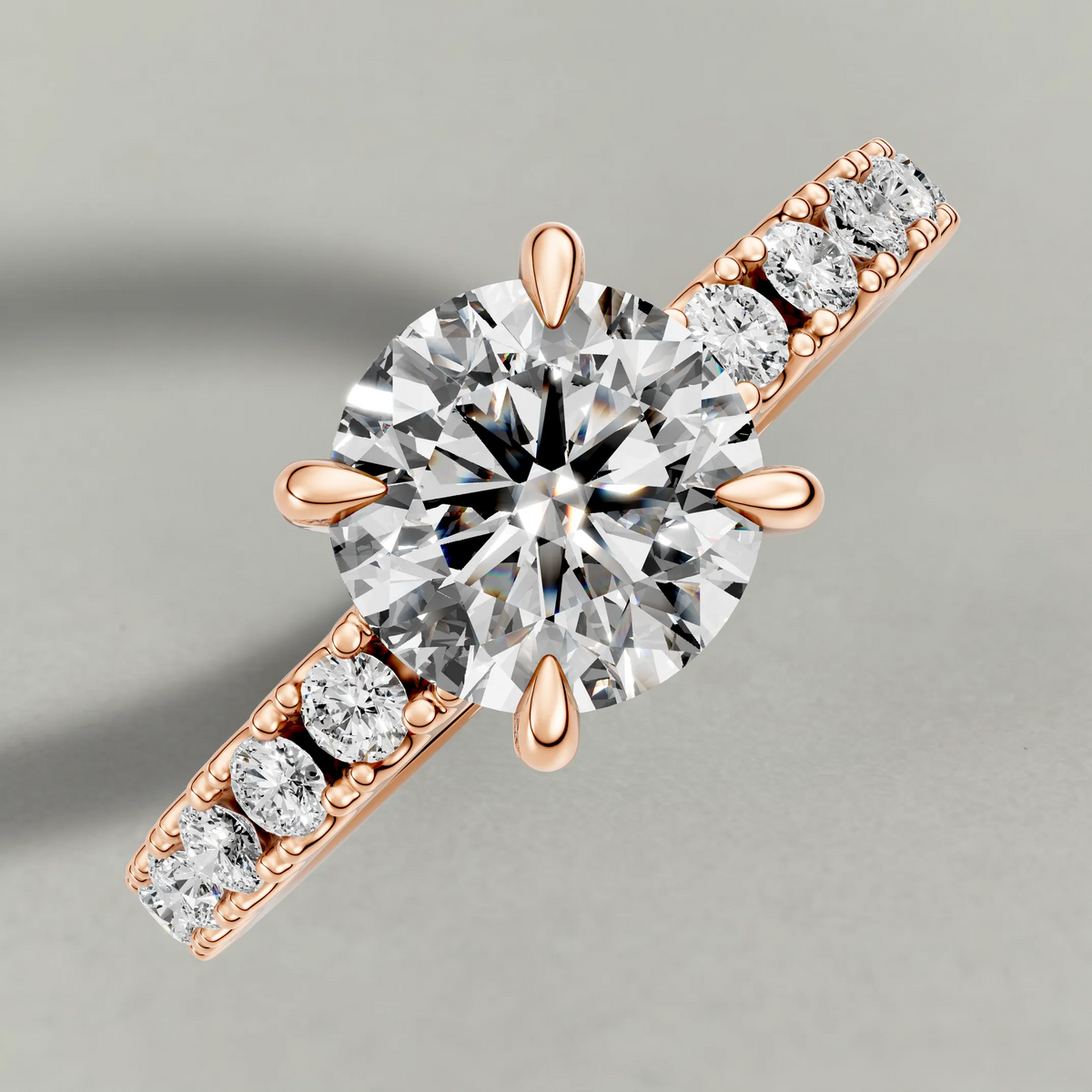 Shared-Prong Pavé Shoulder Engagement Ring (72222) in Rose Gold from top 3/4 angle