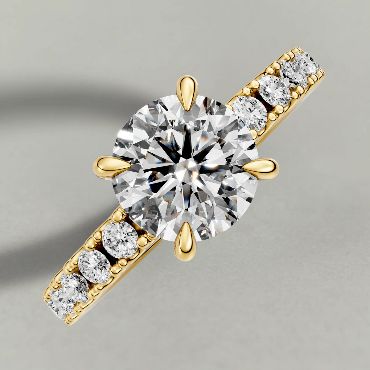 Shared-Prong Pavé Shoulder Engagement Ring (72222) in Yellow Gold from top 3/4 angle