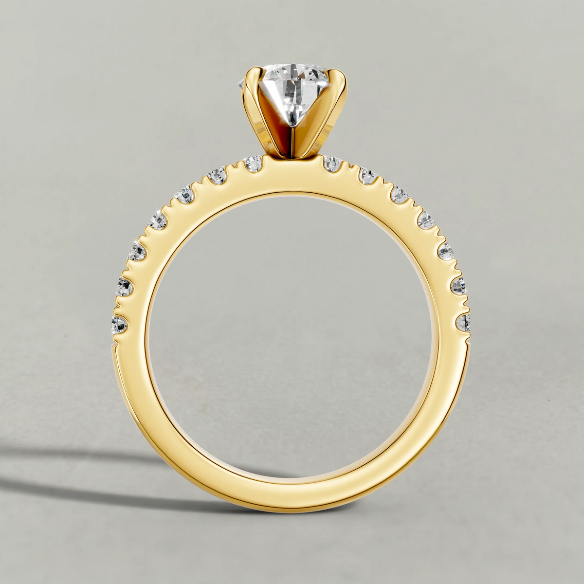Shared-Prong Pavé Shoulder Engagement Ring (72222) in Yellow Gold from front angle