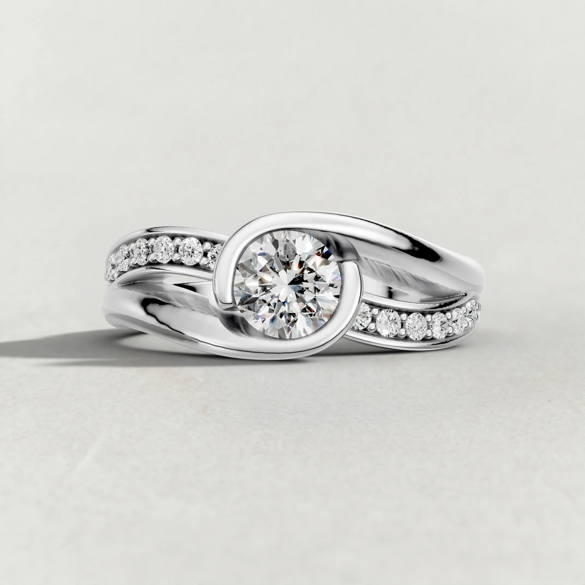 Half-Bezel Twist Engagement Ring (7544) in White Gold zoomed in on diamond