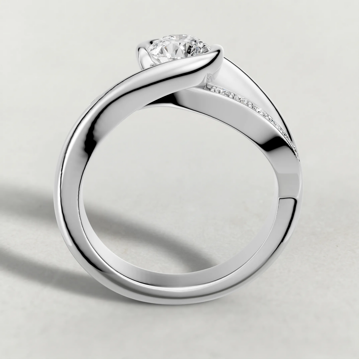 Half-Bezel Twist Engagement Ring (7544) in White Gold from front angle