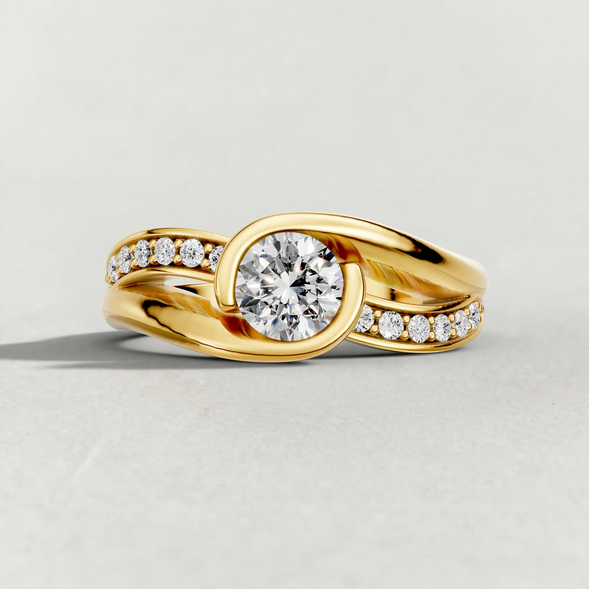 Half-Bezel Twist Engagement Ring (7544) in Yellow Gold zoomed in on diamond