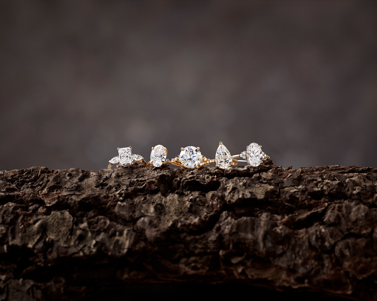Five diamond engagement rings lined up on bark